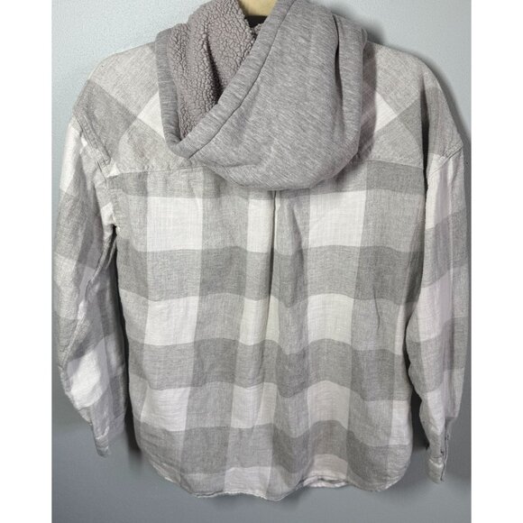 Maurices Hooded Flannel Button Up Medium Gray Buffalo Plaid Shacket Cabincore - Picture 3 of 13